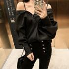 Cold-shoulder Long-sleeve Blouse Black - One Size