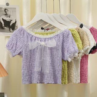 Boatneck Mesh-trim Ribbon Crop Top In 6 Colors