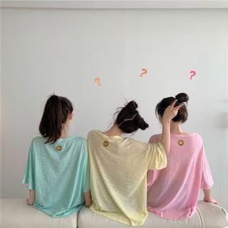 Smiled Face Embroidered Stripe Elbow-sleeve T-shirt