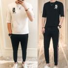 Set: Elbow-sleeve Contrast-trim T-shirt + Sweatpants