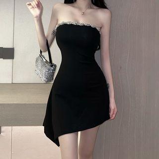 Strapless Rhinestone Asymmetrical Mini Sheath Dress