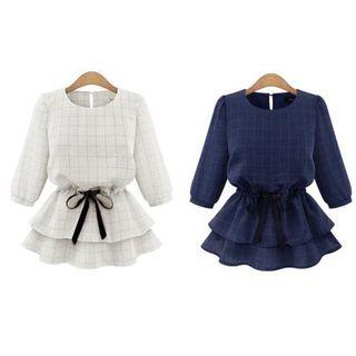 Check 3/4-sleeve Peplum Top