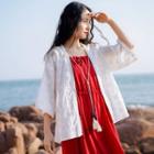 Elbow-sleeve Floral Embroidered Jacket White - One Size