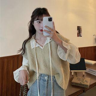 V-neck Sweater Vest / Bell-sleeve Chiffon Blouse