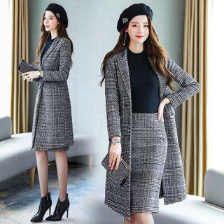 Set: Plaid Long Coat + High-waist Pencil Skirt
