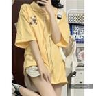 Short-sleeve Bear Embroidered Lace-up Polo Shirt