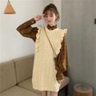 Long-sleeve Plaid Blouse / Sleeveless Mini Knit Dress