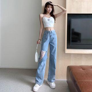 Mid Rise Lace Panel Loose Fit Jeans