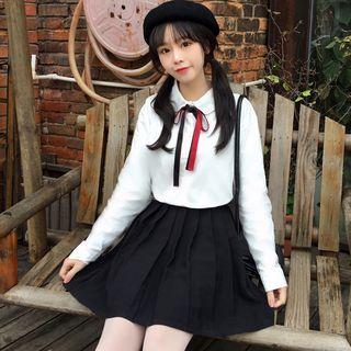 Long-sleeve Bow-accent Blouse / Mini Pleated Skirt
