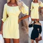 Puff Sleeve Ruffled-trim Cut-out Plain Dress