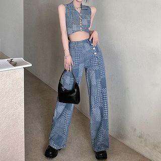 Collar Denim Crop Tank Top / High Waist Wide Leg Jeans