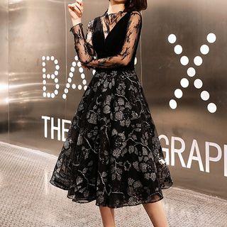 Long-sleeve Lace Top / Sleeveless Flower Print A-line Cocktail Dress / Set