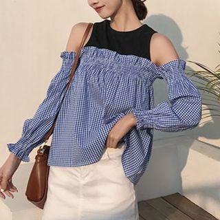Mock Two Piece Cut Out Shoulder Long Sleeve Top