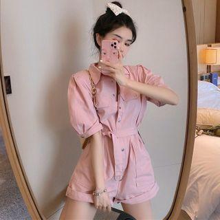 Puff-sleeve Wide-leg Playsuit With Sash