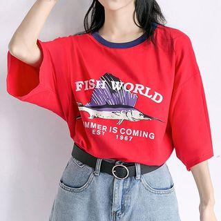 3/4-sleeve Fish Printed T-shirt