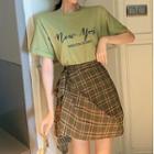 Set: Lettering Short-sleeve T-shirt + Plaid Mini A-line Skirt