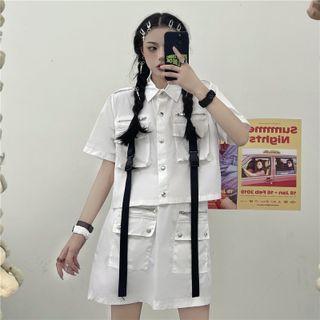 Front Pocket Buckled Cropped Shirt / Cargo Mini A-line Skirt