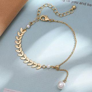 Faux Pearl Leaf Alloy Bracelet Gold - One Size