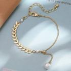 Faux Pearl Leaf Alloy Bracelet Gold - One Size