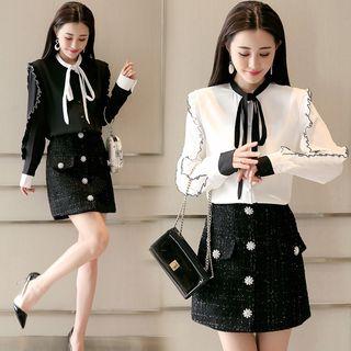 Set: Tie-neck Long-sleeve Blouse + A-line Skirt
