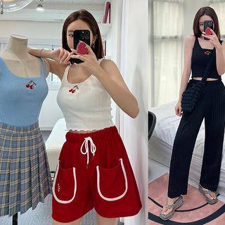 Sleeveless Cherry-embroidered Crop Top