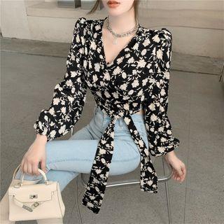 Long-sleeve Tie-waist Floral Print Top