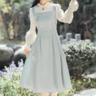 Mock Two-piece Puff-sleeve Keyhole Midi Dress