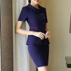 Set: Bow Accent Short-sleeve Side-button Blazer/ Mini Pencil Skirt