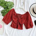 Elbow-sleeve Dotted Crop Blouse