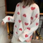 Heart Print Furry Sweater / Midi A-line Tiered Mesh Skirt