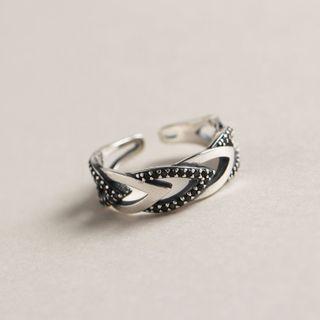 925 Sterling Silver Rhinestone Layered Open Ring Black Rhinestone - Silver - One Size