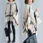 Mock Turtleneck Plaid Knit Cape Almond - One Size