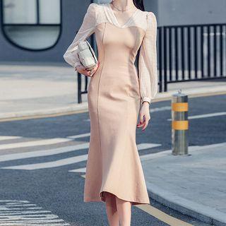 Long-sleeve V-neck Ruffle Hem Midi Sheath Dress