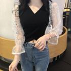 Sequined Mesh-sleeve Cropped Knit Top