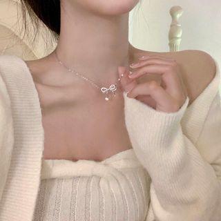 Bow Rhinestone Pendant Alloy Necklace 1pc - Silver - One Size