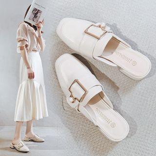 Faux Pearl Buckled Loafer Mules