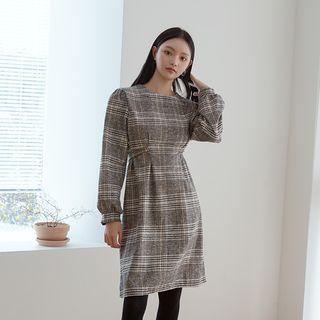 Balloon-sleeve Tie-waist Midi Plaid Dress Charcoal Gray - One Size