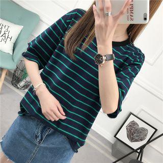 Stripe Distressed Elbow-sleeve Top