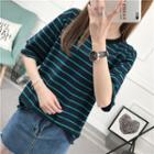 Stripe Distressed Elbow-sleeve Top