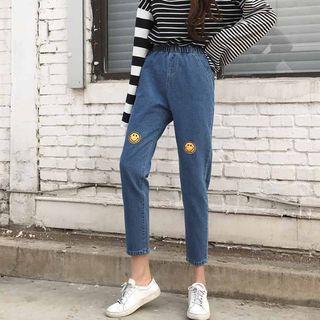 Smiley Face Embroidered Band Waist Jeans