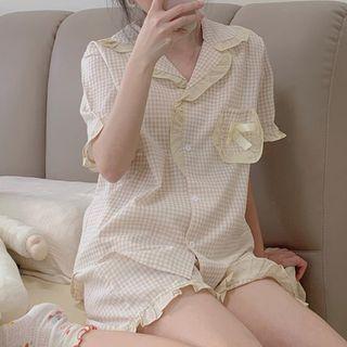 Set: Short-sleeve Ruffle Trim Gingham Shirt + Shorts Gingham - White - One Size