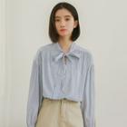 Bow Accent Striped Blouse Stripe - Blue - One Size