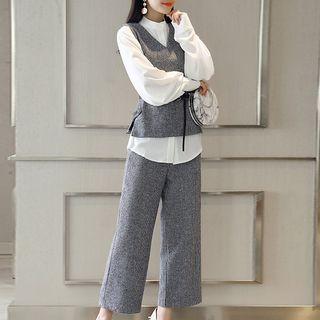 Set: Plain Blouse + Sleeveless Top + Wide-leg Pants