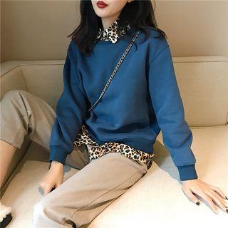 Mock Two-piece Leopard Panel Pullover Blue - One Size