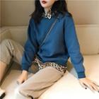 Mock Two-piece Leopard Panel Pullover Blue - One Size
