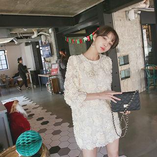 3/4-sleeve Floral Lace Mini Shift Dress