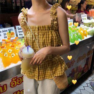 Spaghetti Strap Plaid Top Yellow - One Size