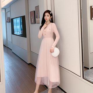Long-sleeve Mesh-overlay Midi A-line Knit Dress