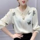 Butterfly Print Collared Blouse