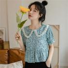 Lace Trim Floral Short-sleeve Cropped Blouse